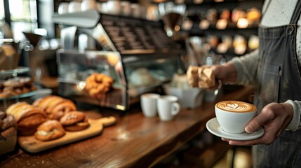A barista’s hands serving a cup of coffee across a counter, with pastries and a menu board in the background, their face out of frame