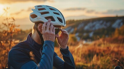 A cyclist adjusting their helmet strap, with a focus on the hands and the helmet, set against a scenic backdrop