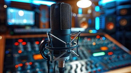 Professional microphone and headphones in a modern radio studio, clear sound quality, broadcasting...