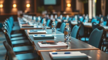 A conference room setup with rows of chairs and tables, featuring water bottles and notebooks.