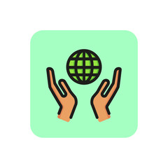 Hands holding globe line icon. Planet, nature, care, connection. Environment protection concept. Can be used for topics like ecology, charity, social network, global warming