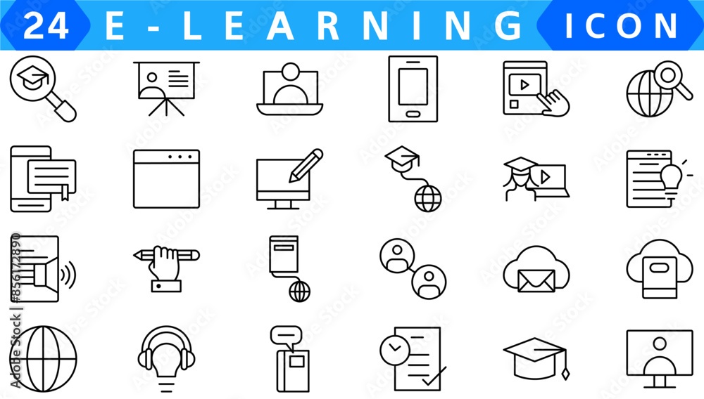 Poster e learning outline vector icons isolated on white. e learning icon set for web and ui design, mobile