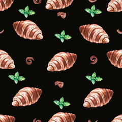 Seamless pattern with croissants, chocolate and mint on a black background. Watercolor illustration of coffee beans for wrapping paper, coffee shops, fabric printing