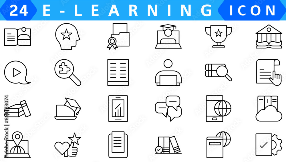 Poster e learning outline vector icons isolated on white. e learning icon set for web and ui design, mobile