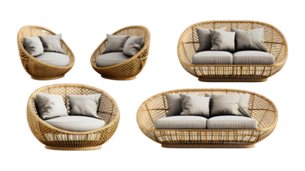 A set of four wicker chairs and couches are shown in a row, isolated on transparent background, PNG format.