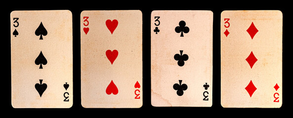 cards three full set of vintage old real poker cards with aces kings jacks  and jokers and numbers all suits black background 