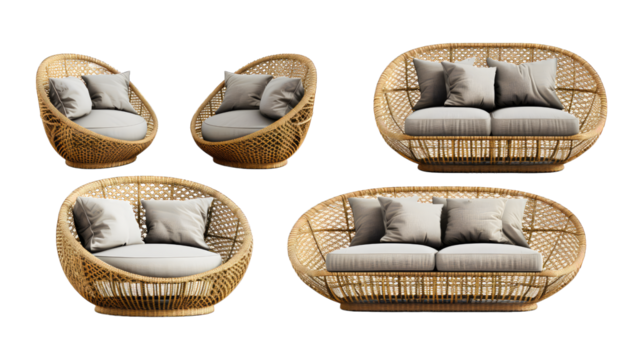 A set of four wicker chairs and couches are shown in a row, isolated on transparent background, PNG format.