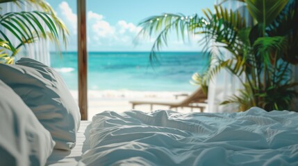 concept of relaxation on the ocean shore, white sand and palm leaves.