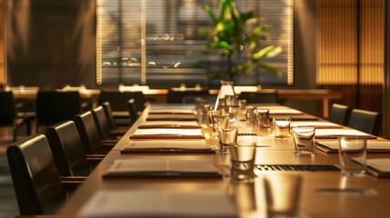 A long wooden table with menus and empty glasses is set for a dinner party in a restaurant. The table is set in front of a large window with blinds.