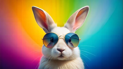 Abstract clip-art of White Rabbit wearing trendy sunglasses. Contemporary colourful background. Copy space. Summer minimalism. For posters, planners, web, landing page, illustration. 