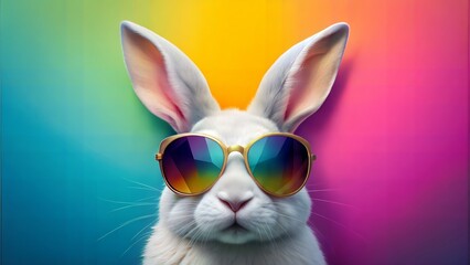 Abstract clip-art of White Rabbit wearing trendy sunglasses. Contemporary colourful background. Copy space. Summer minimalism. For posters, planners, web, landing page, illustration. 