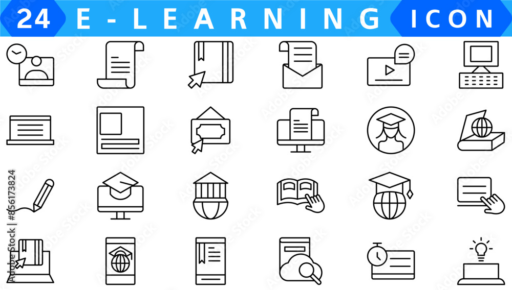 Poster e learning outline vector icons isolated on white. e learning icon set for web and ui design, mobile