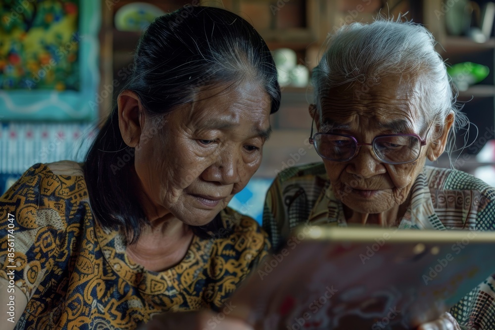 Poster senior citizens learning digital skills with tablets in an intergenerational teaching program