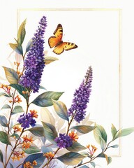 Beautiful watercolor of a butterfly hovering over purple flowers, with intricate details and soft colors, framed in a delicate border.