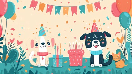 Fototapeta premium Pet birthday celebration template with cute graphics and clear areas for text