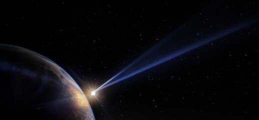 Comet, asteroid, meteorite flying to the planet Earth on the background of the starry night sky. Elements of this image furnished by NASA. © Tryfonov