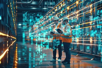 Workers with tablet in a server room