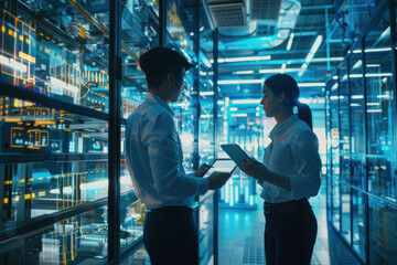 Professionals working in server room