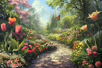 Obraz premium Spring Flower Garden with Butterflies, Vibrant Blooms, and a Serene Garden Path