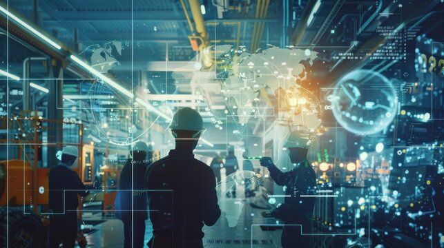 Workers observing tech graphics in industrial hall