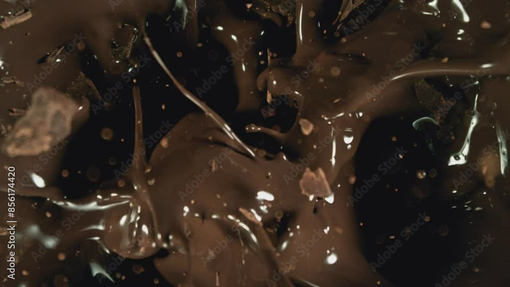 Poster super slow motion of falling group of chocolate chunks. moving down and splashing into melted chocol