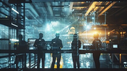 Engineers with futuristic digital interface in factory