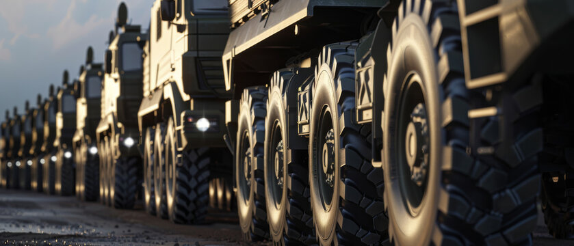 A close-up view of large military trucks lined up in formation, reflecting sunlight and showcasing their rugged tires and robust build.