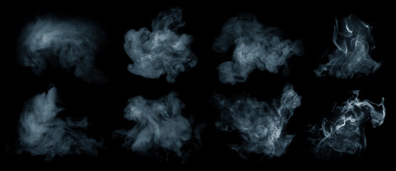 Fog or smoke set isolated on black background. White cloudiness, mist or smog background. © Tryfonov