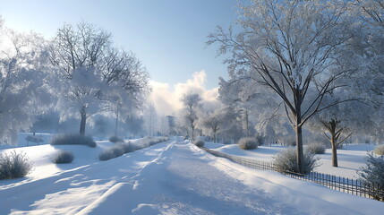 Fototapeta premium winter scene landscape white snow forest trees sunshine background Ai generated