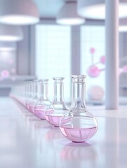 A row of glass beakers filled with pink liquid on a lab bench in a modern laboratory setting, capturing a clean and professional scientific environment.