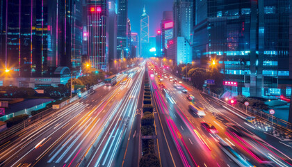 Fototapeta premium A city street at night with cars driving down the road by AI generated image