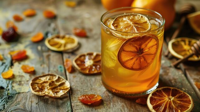 Bael juice with dried sliced fruit and honey