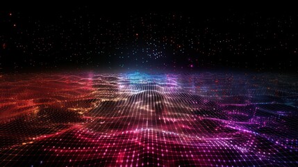 A futuristic digital grid matrix composed of interconnected nodes, pulsating with vibrant colors against a dark background, symbolizing the flow of data in modern technology.