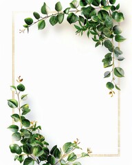 Elegant botanical frame with green leaves and white background, perfect for invitations, cards, and design projects.