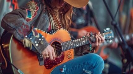 Obraz premium A woman in a cowboy hat is singing into a microphone while playing a guitar