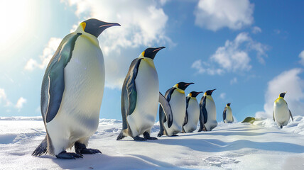 Fototapeta premium A group of emperor penguins on the snow with a blue sky background