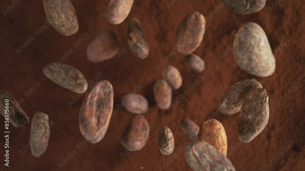 Poster Super Slow Motion of Falling Group of Cocoa Beans. Falling Down into Cocoa Powder. Filmed on High Speed Cinema Camera, 1000fps.