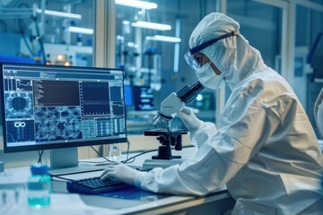 Scientist using microscope and computer in lab