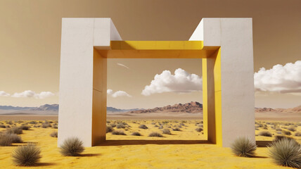 3d-render-surreal-desert-landscape-with-white-clouds-going-into-the-yellow-square-portals-on-sunny