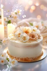 Elegant white cake adorned with delicate floral decorations and subtle gold accents