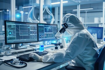 Fototapeta premium Scientist in white PPE analyzing data on screen