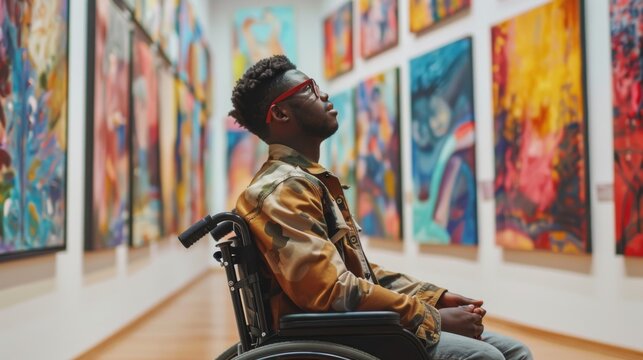 Young black artist is visiting a colorful modern art gallery in a wheelchair - Powered by Adobe