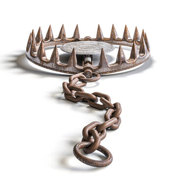 Old rusty bear trap waiting to be sprung on white background