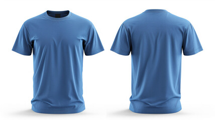front and back view of blank blue t shirt for design presentation mockup or print advertising isolated white background.