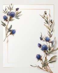 Elegant empty frame with blue thistle flowers and greenery, perfect for invitations, announcements, and decor