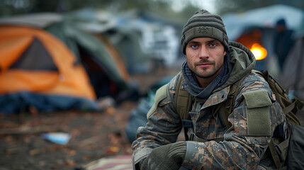 Fototapeta premium Homeless Veteran American, AI-generated
