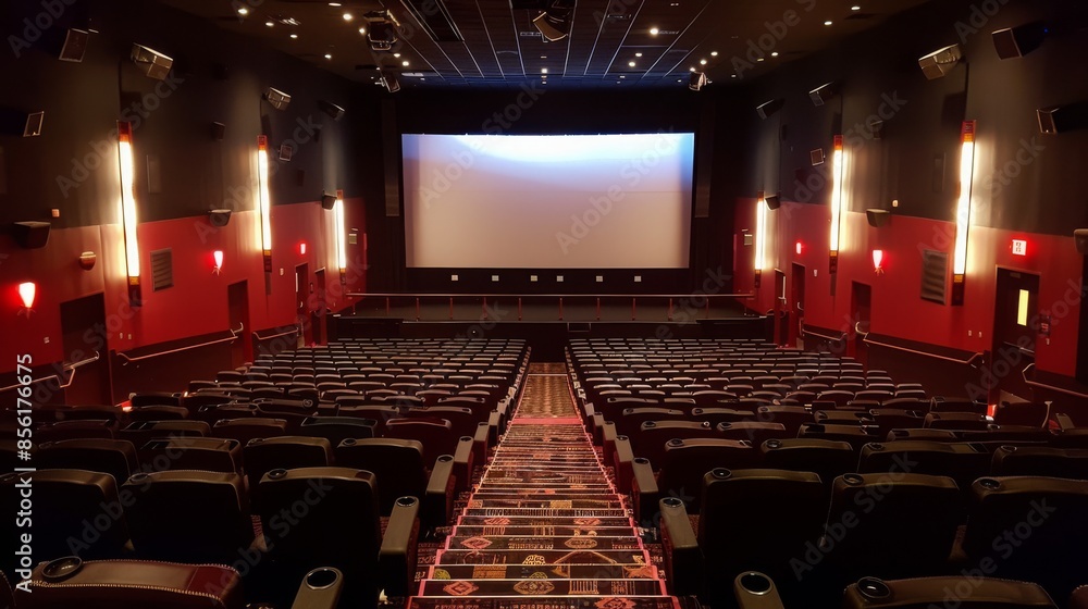Poster an empty movie theater with red carpet in the aisle and rows of empty seats.