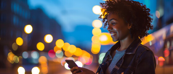 Smiling woman using her smartphone outdoors at twilight with city lights providing a colorful bokeh background, creating a vibrant urban scene.