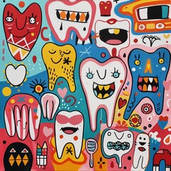 Artistic Representation of Children's Dental Care in Fun, Colorful Patterns and Shapes
