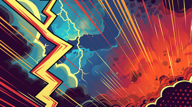 Comic book background in pop art style with abstract lightning. The distinctive vibrant colors and sharp lines create a sense of movement and strength.